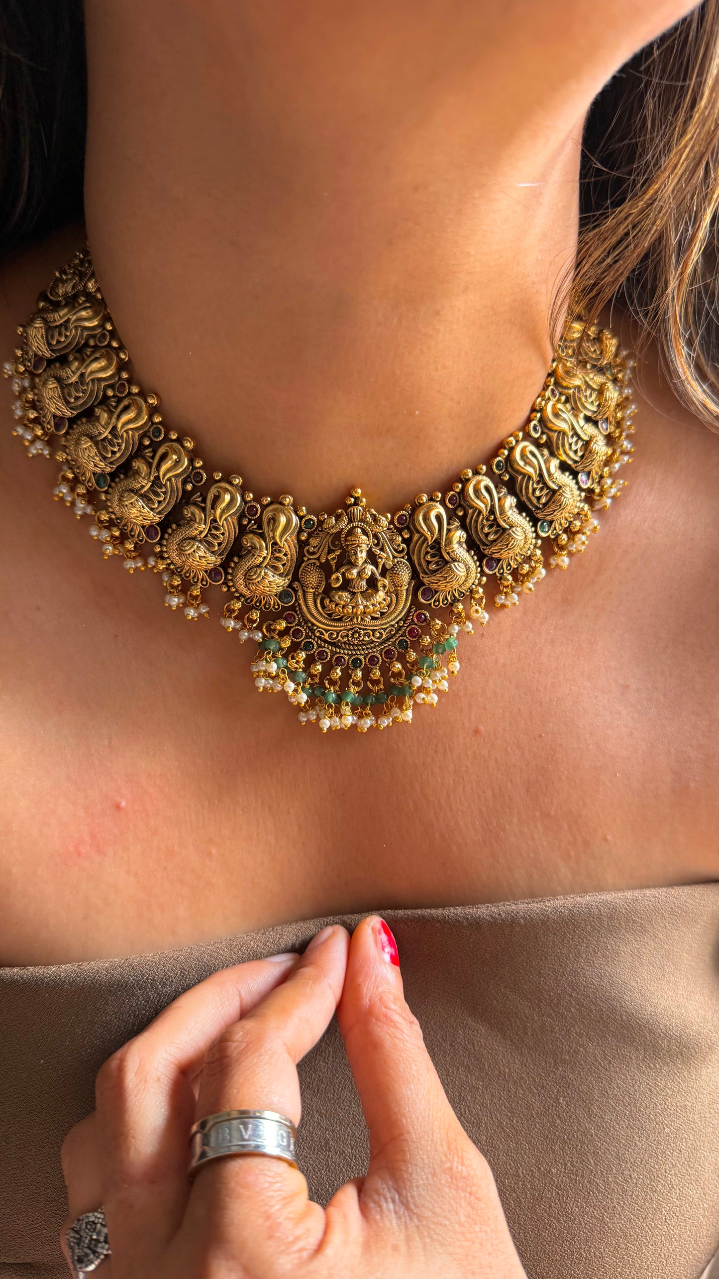 Goddess Laxmi mint & pearl nakshi temple necklace