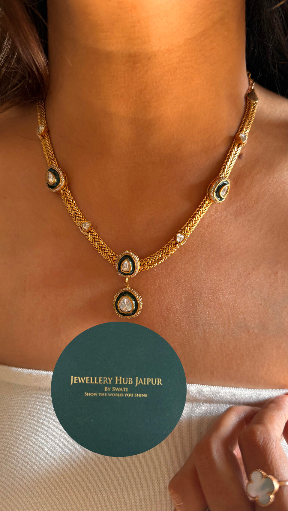 Emerald gold meenakari minimalist necklace