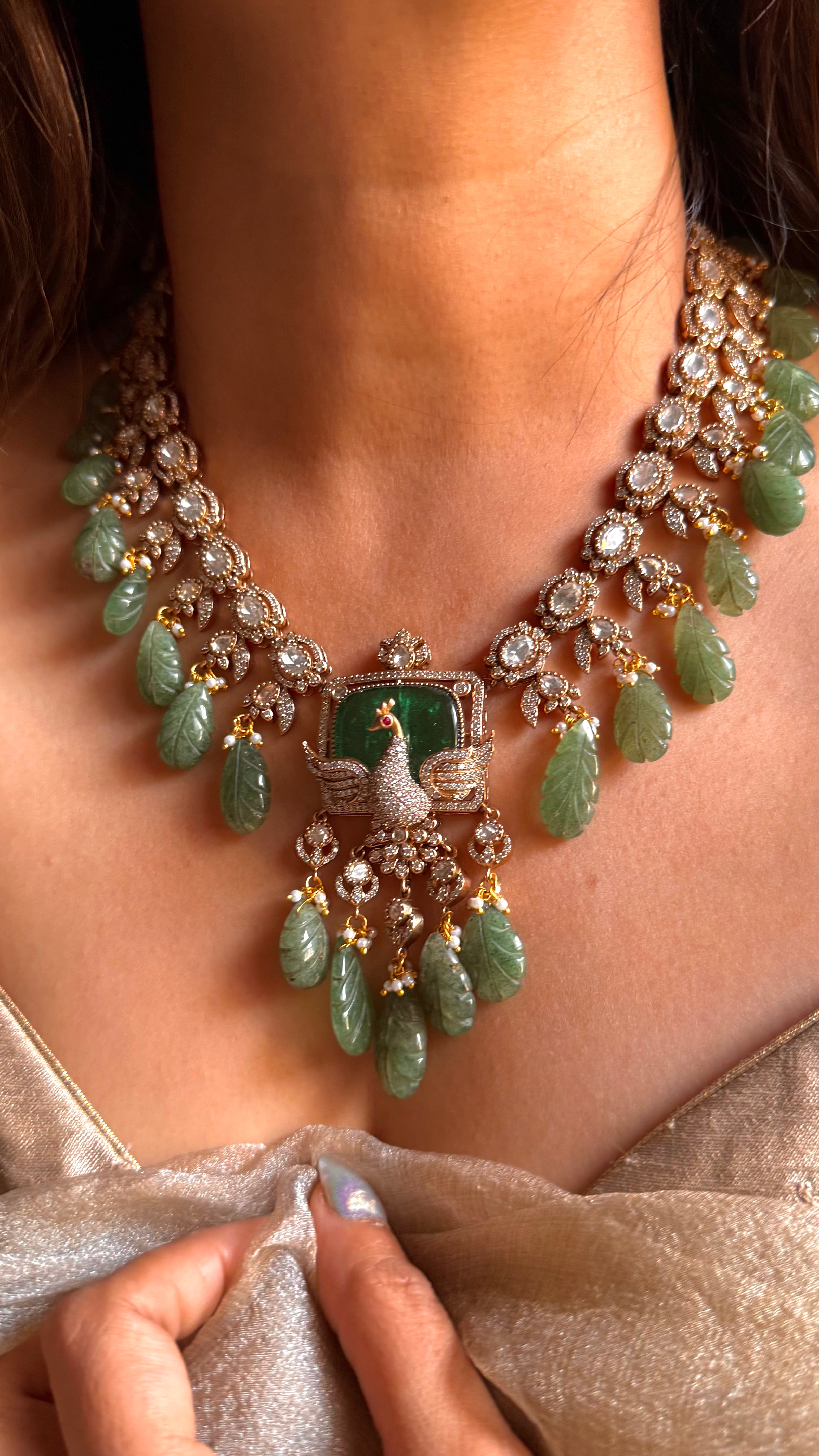 Emerald peacock with feather inlay moissanite collar necklace