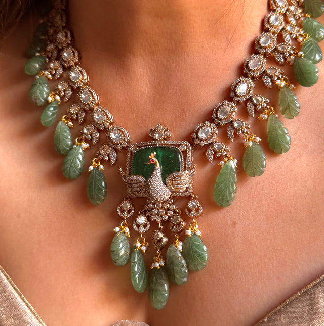 Emerald peacock with feather inlay moissanite collar necklace