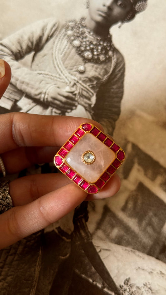 Rose quartz inlay work & rani pink katdana adjustable ring