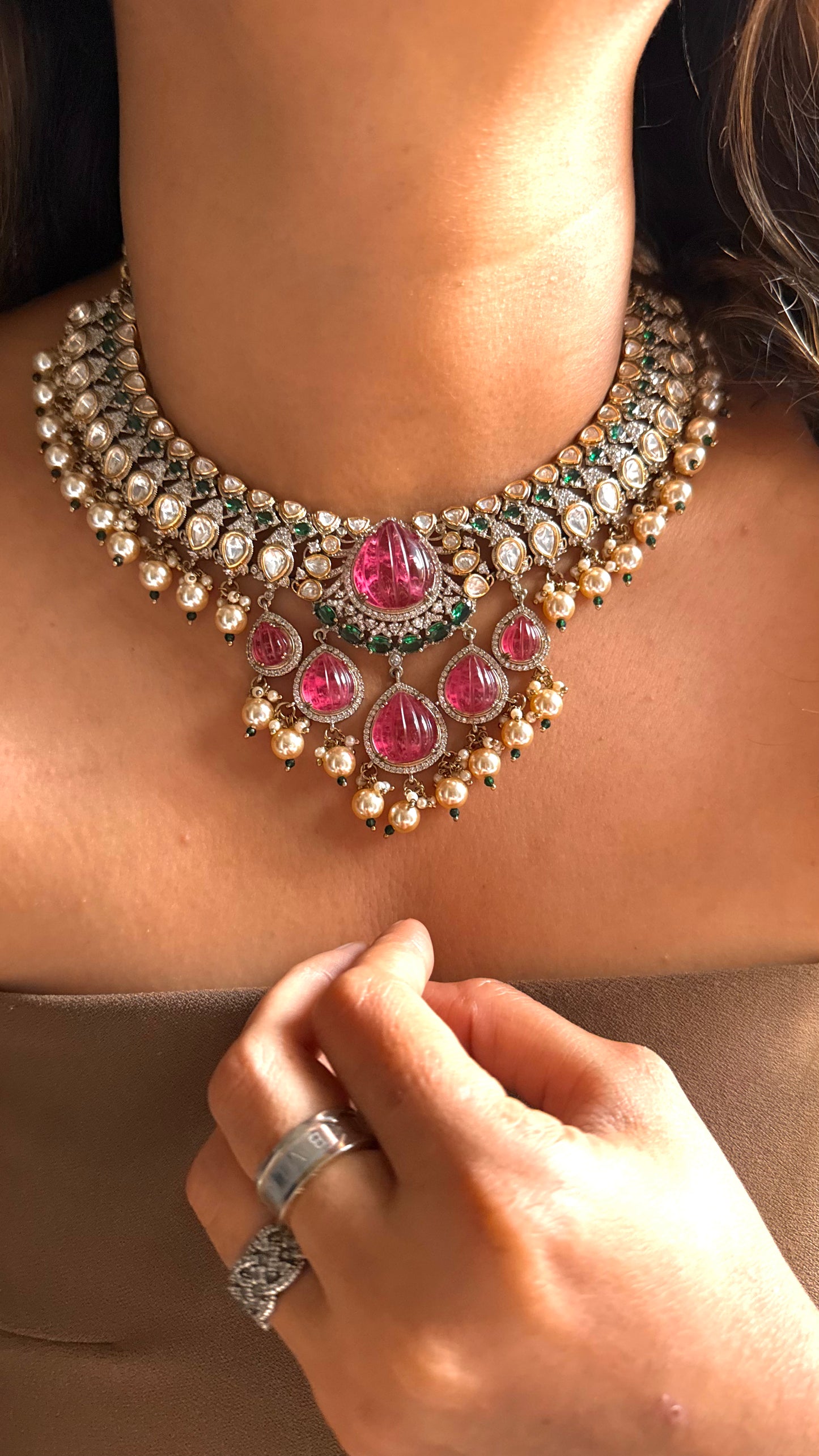 Amethyst rose & emerald polki statement necklace with pearl drop detailing