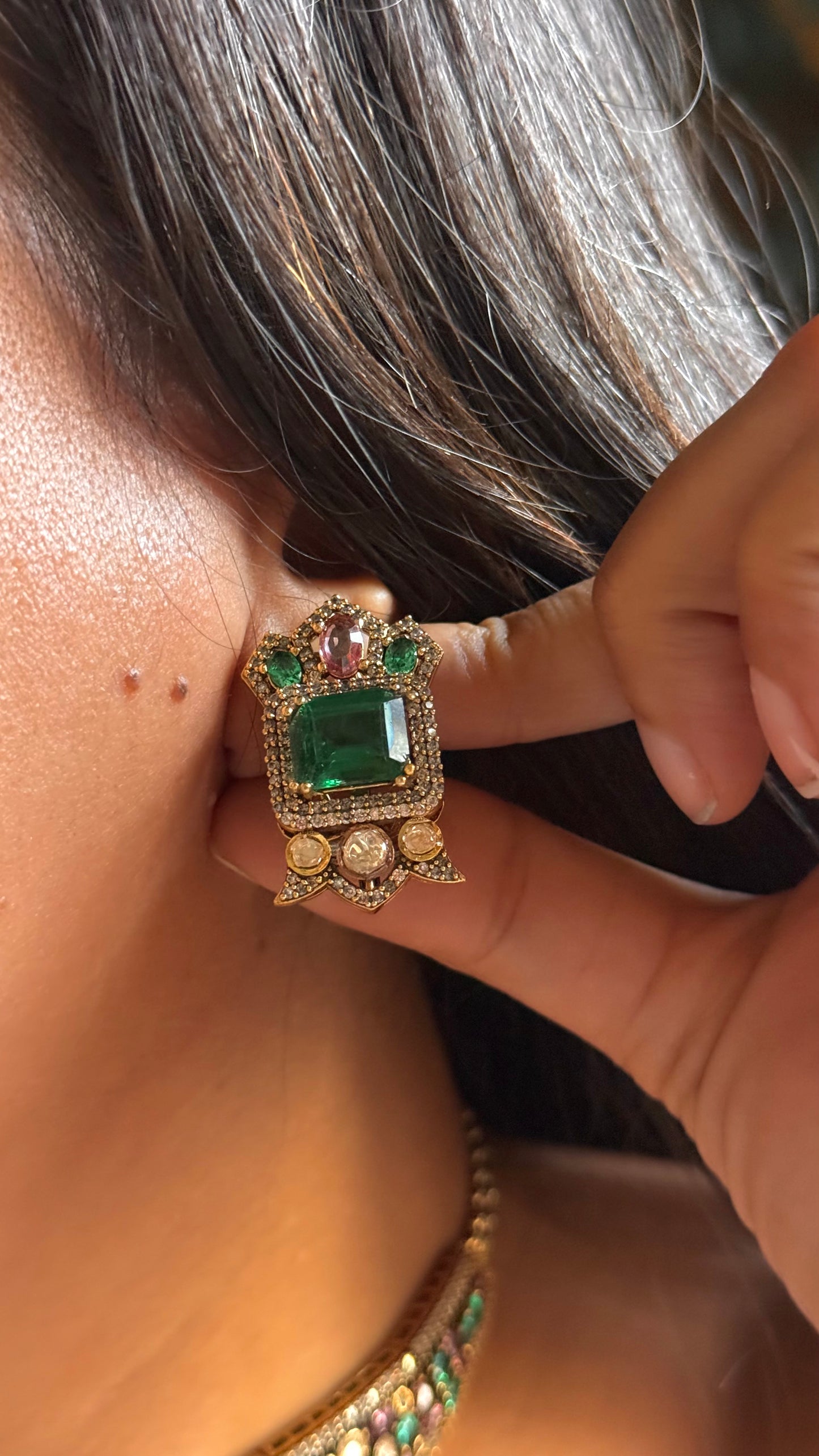 Real Swarovski Multicoloured & emerald doublet polki choker