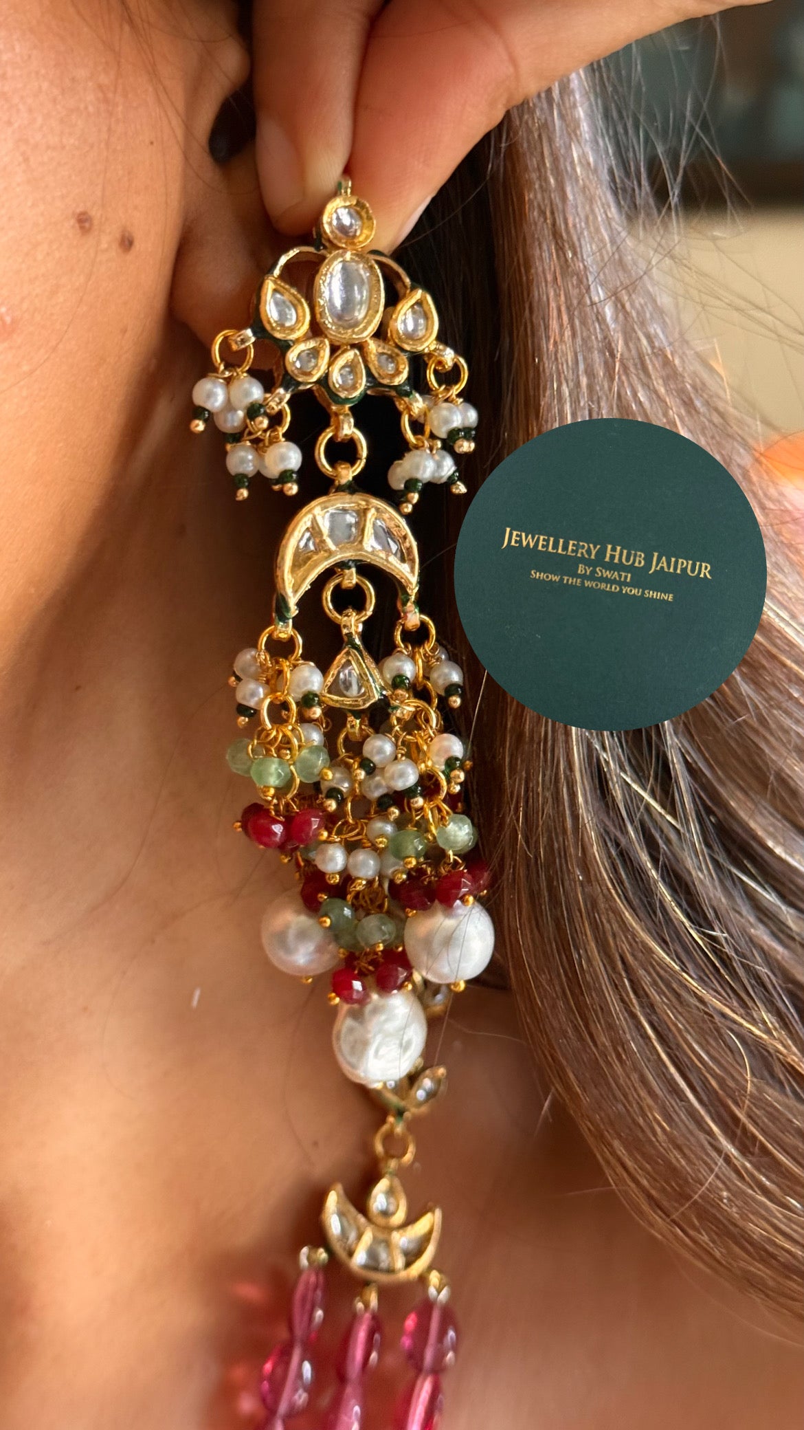 White inlay work & rani pink string meenakari paachi with pearl drop heritage long set