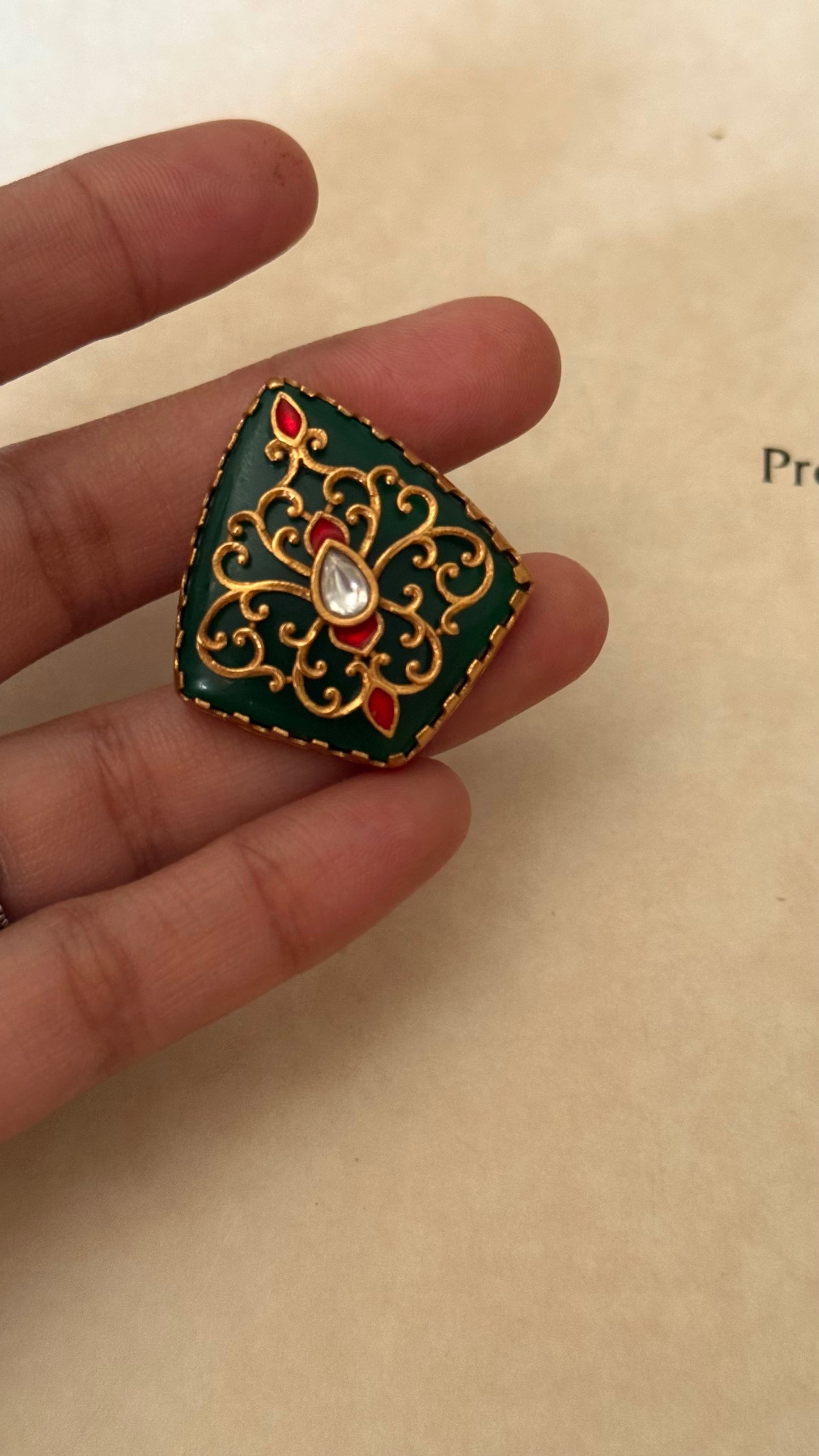 Emerald with inlay work adjustable ring
