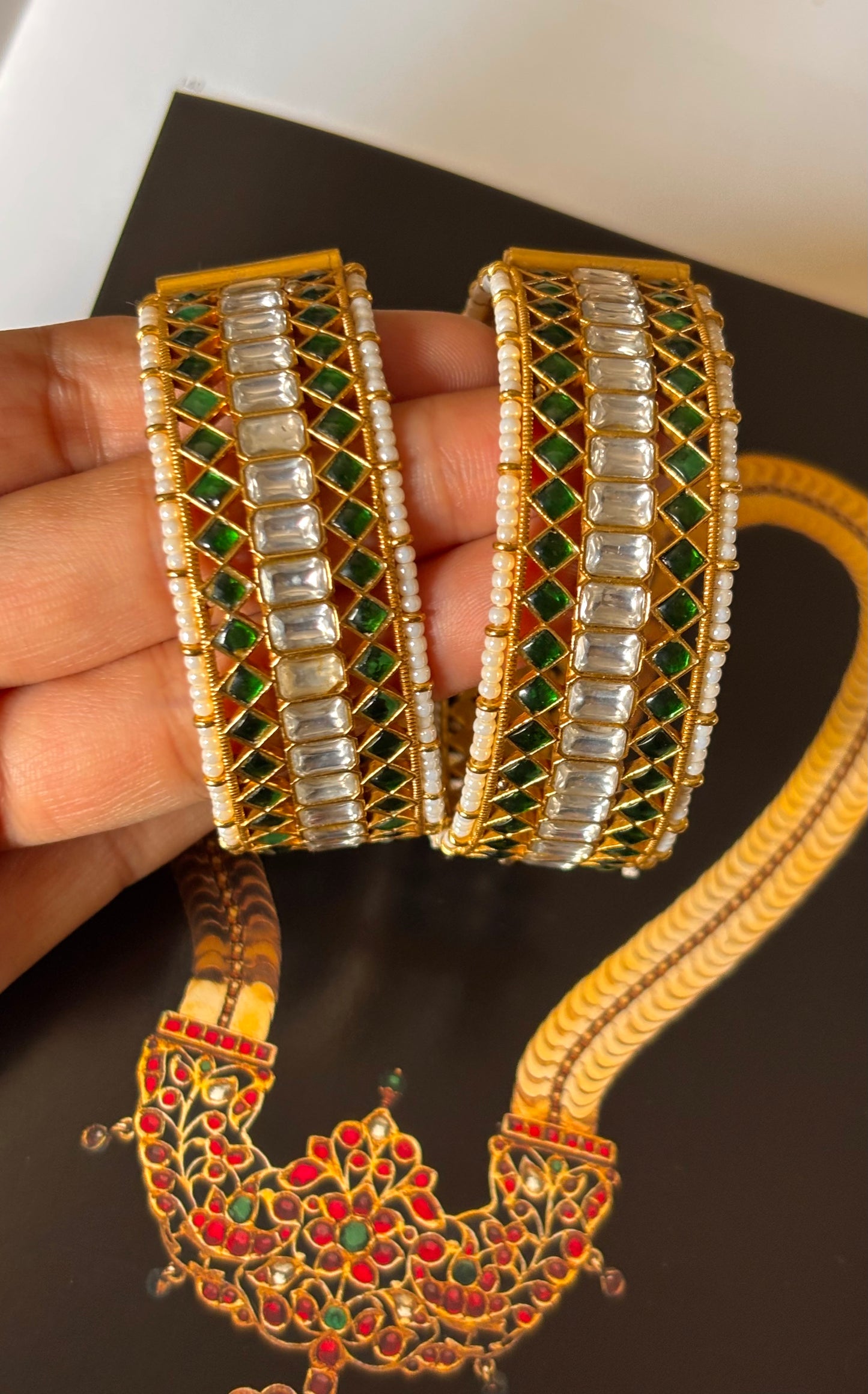 Emerald paachi jadau pearl detailing bangles