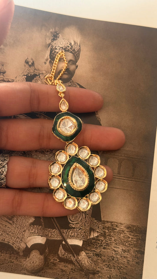 Emerald meenakari polki  maangtika