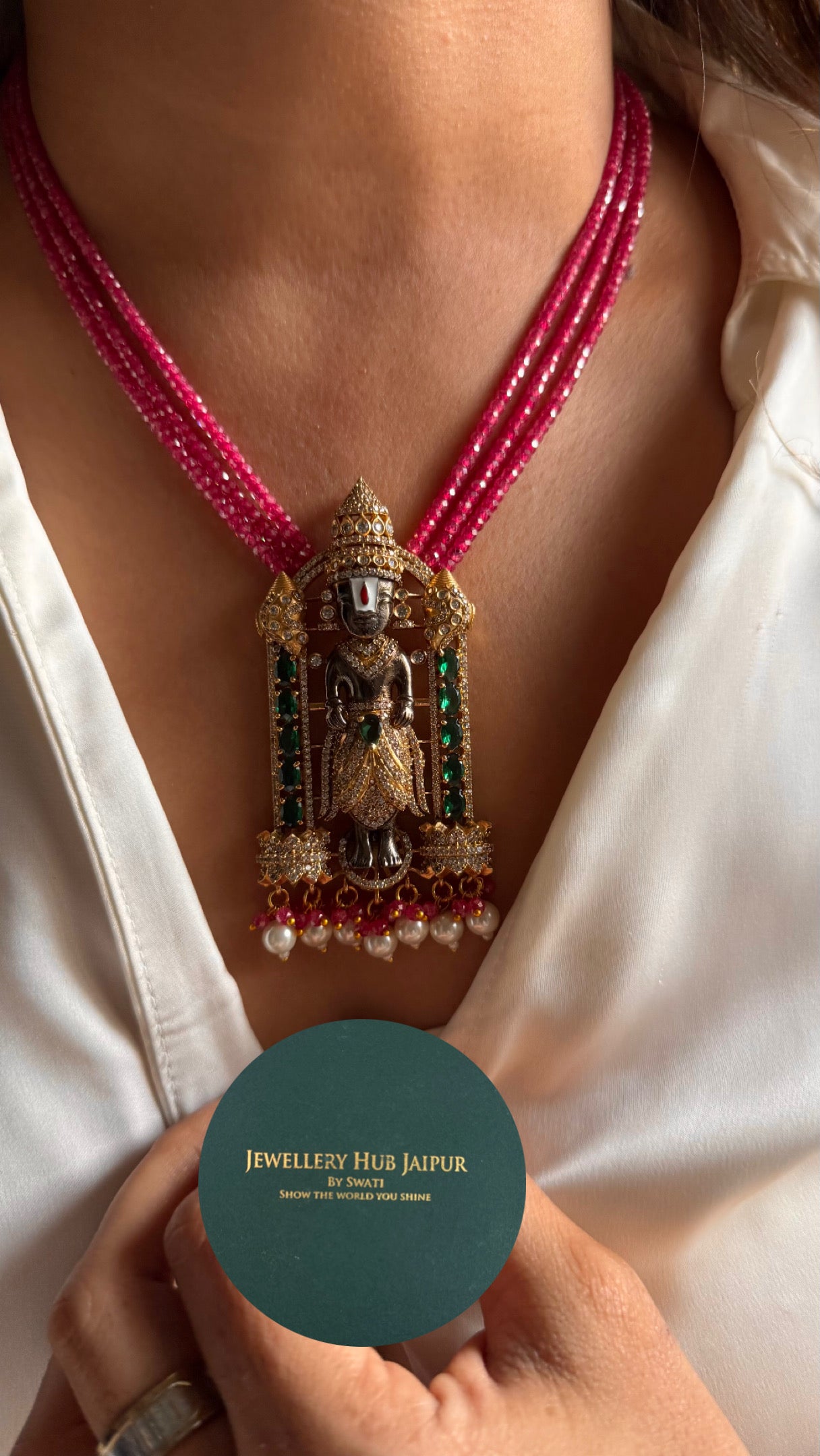 Lord venkateswara with rani pink pearl string pendant set