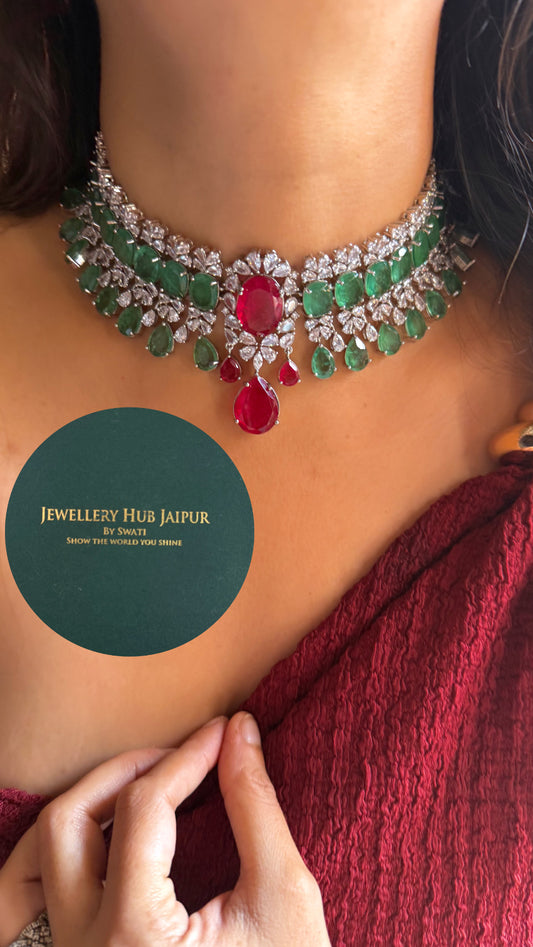 Sage Green & Ruby cz diamond necklace set