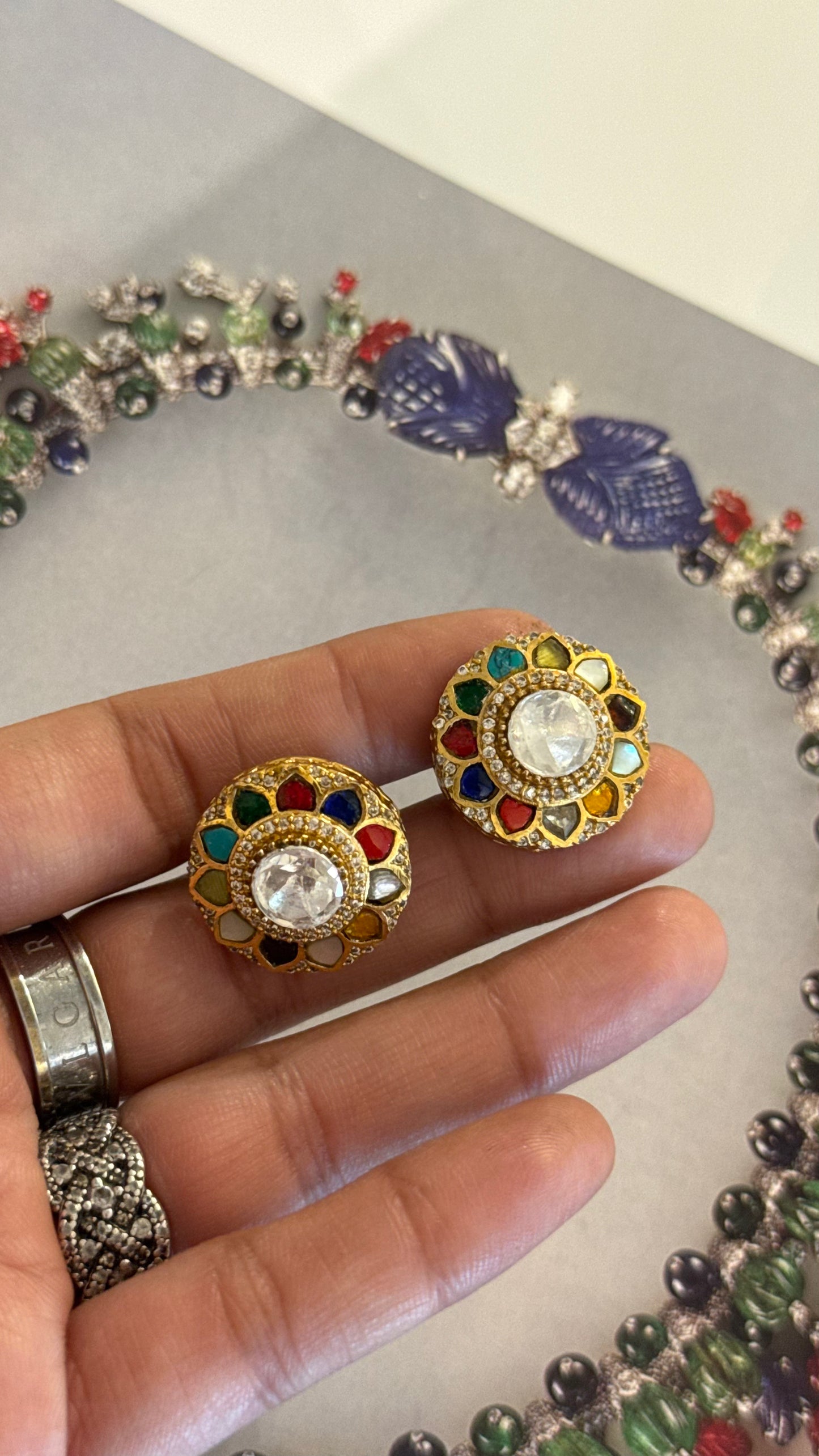 Navratna uncut polki gold studs