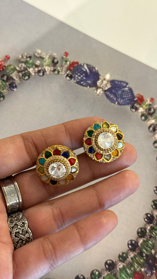 Navratna uncut polki gold studs