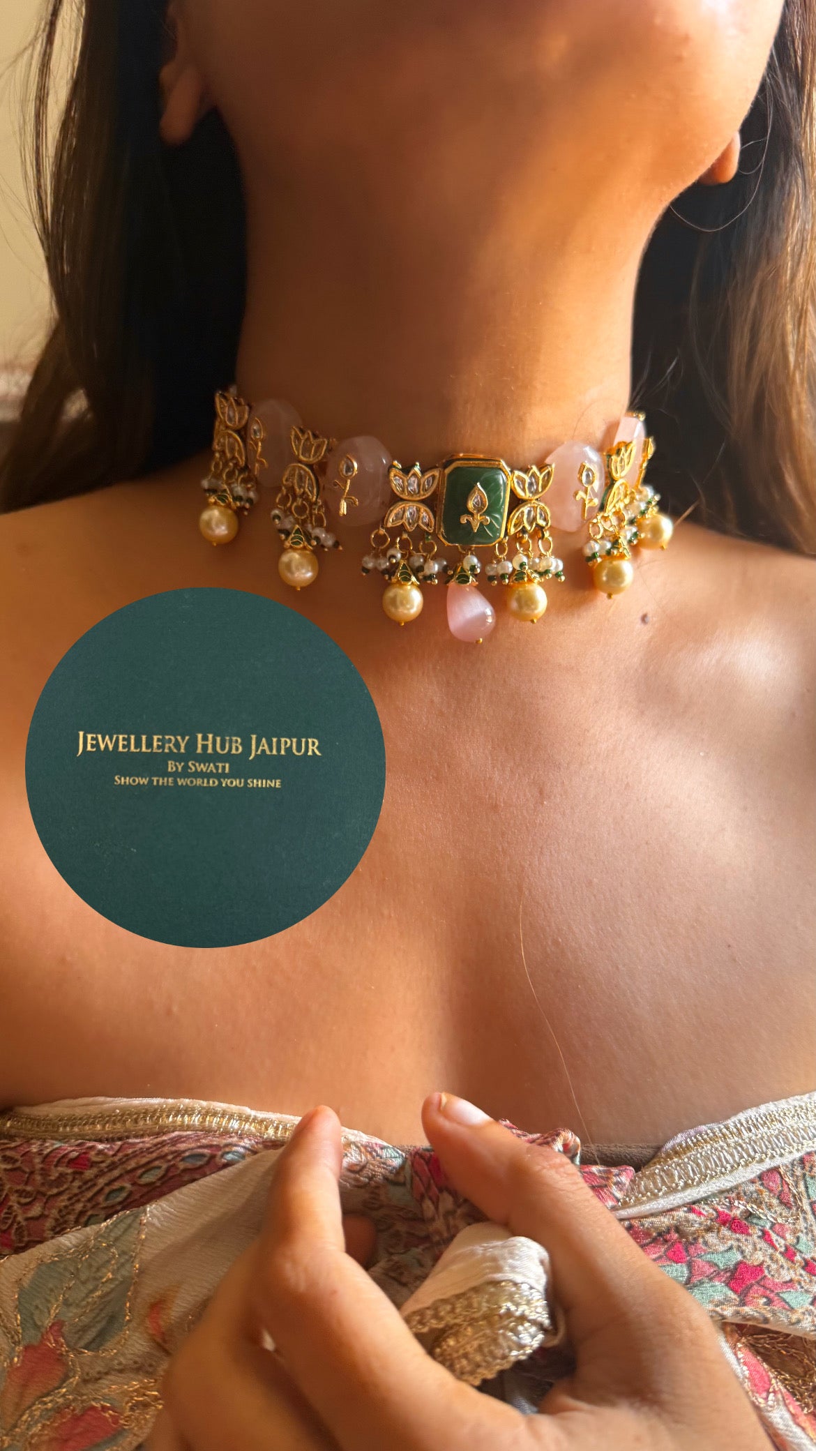 Emerald & rose quartz inlay & emerald meenakari paachi choker set