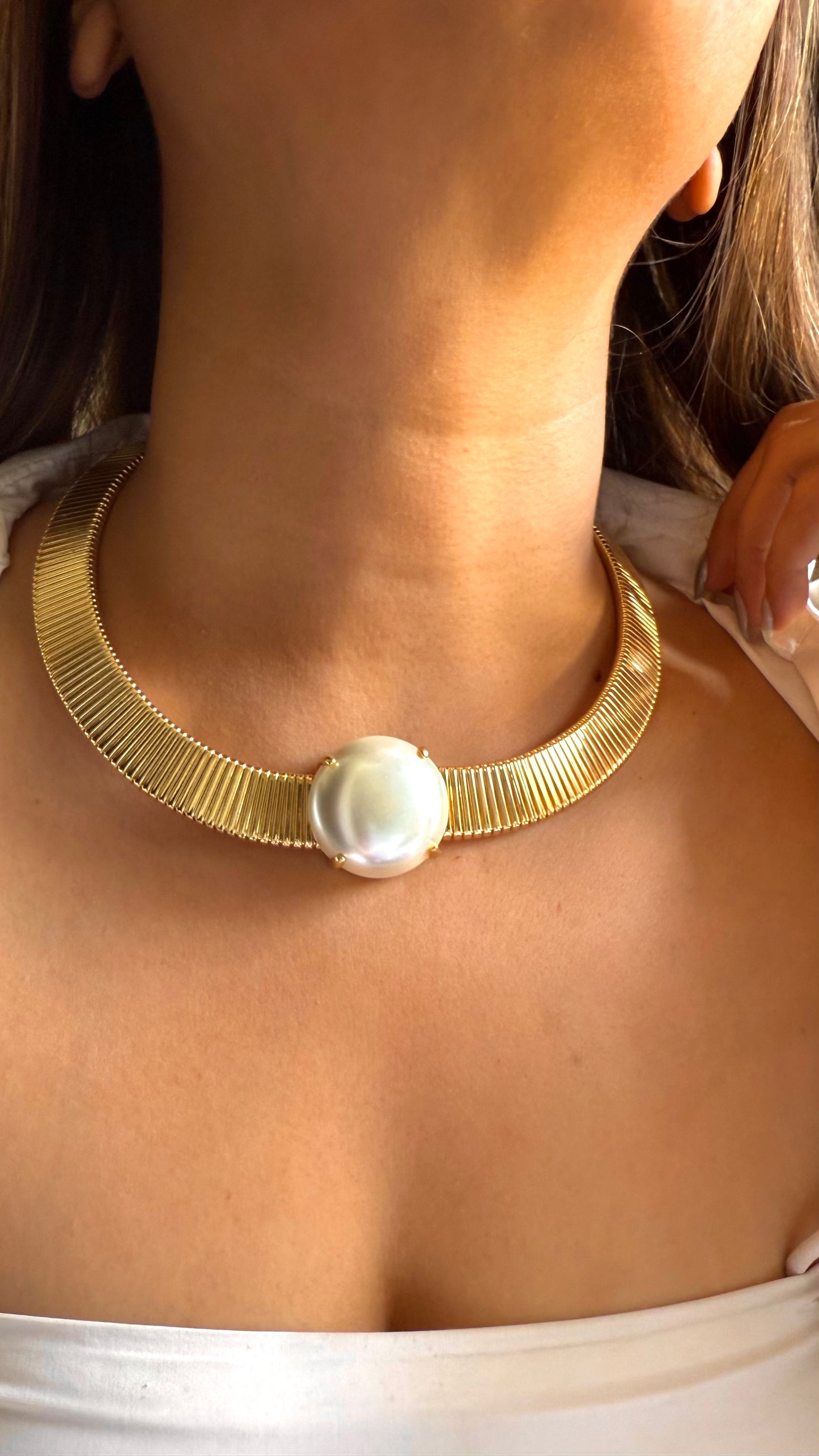 White pearl stone golden desinger necklace