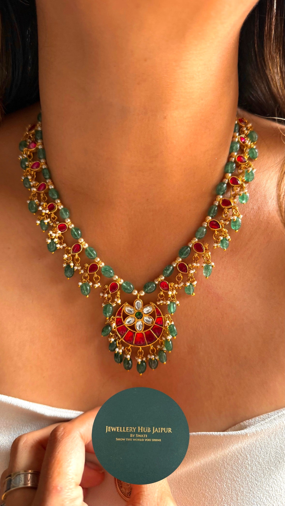 Half moon shape ruby & emerald paachi jadau Necklace