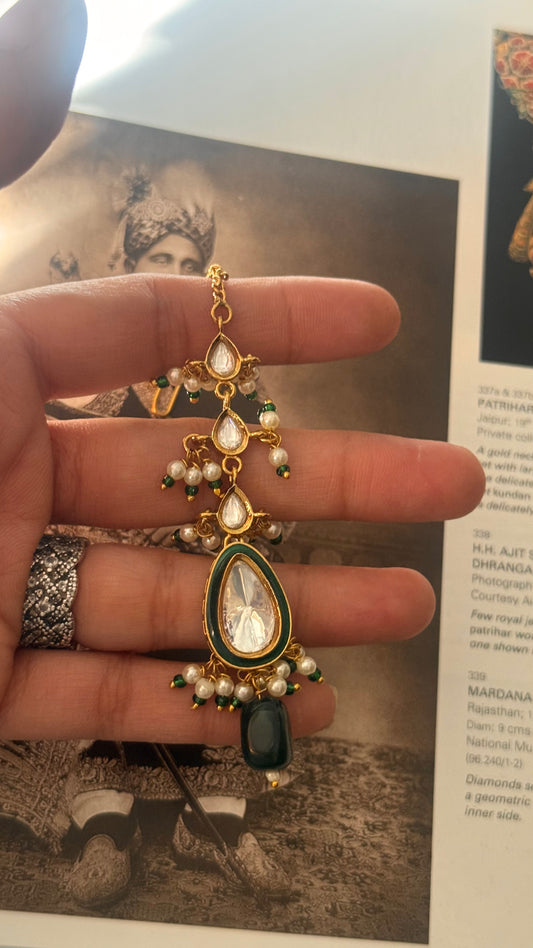 Emerald tear drop polki meenakari  maangtika