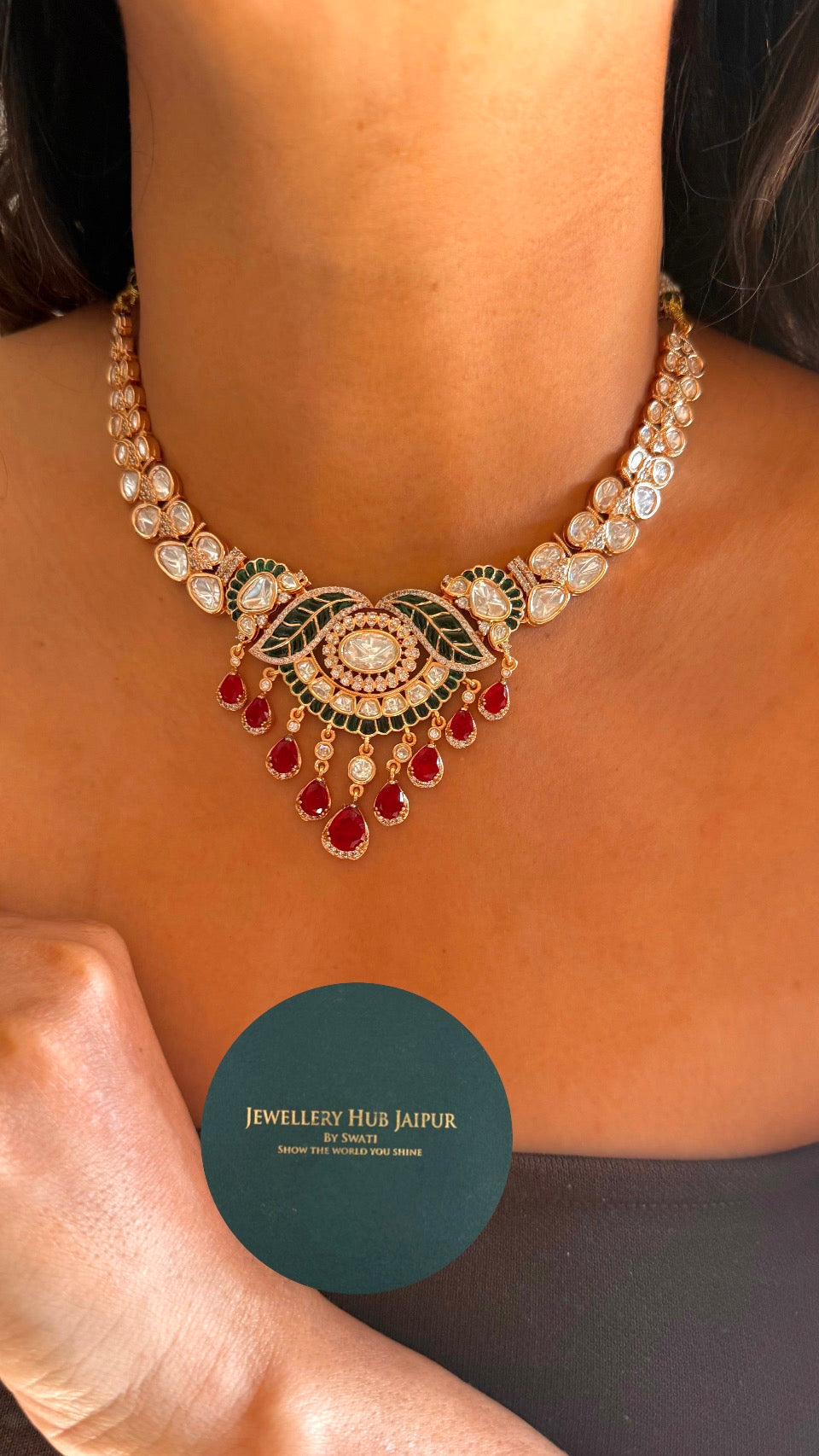 Ruby & emerald leaf designer necklace