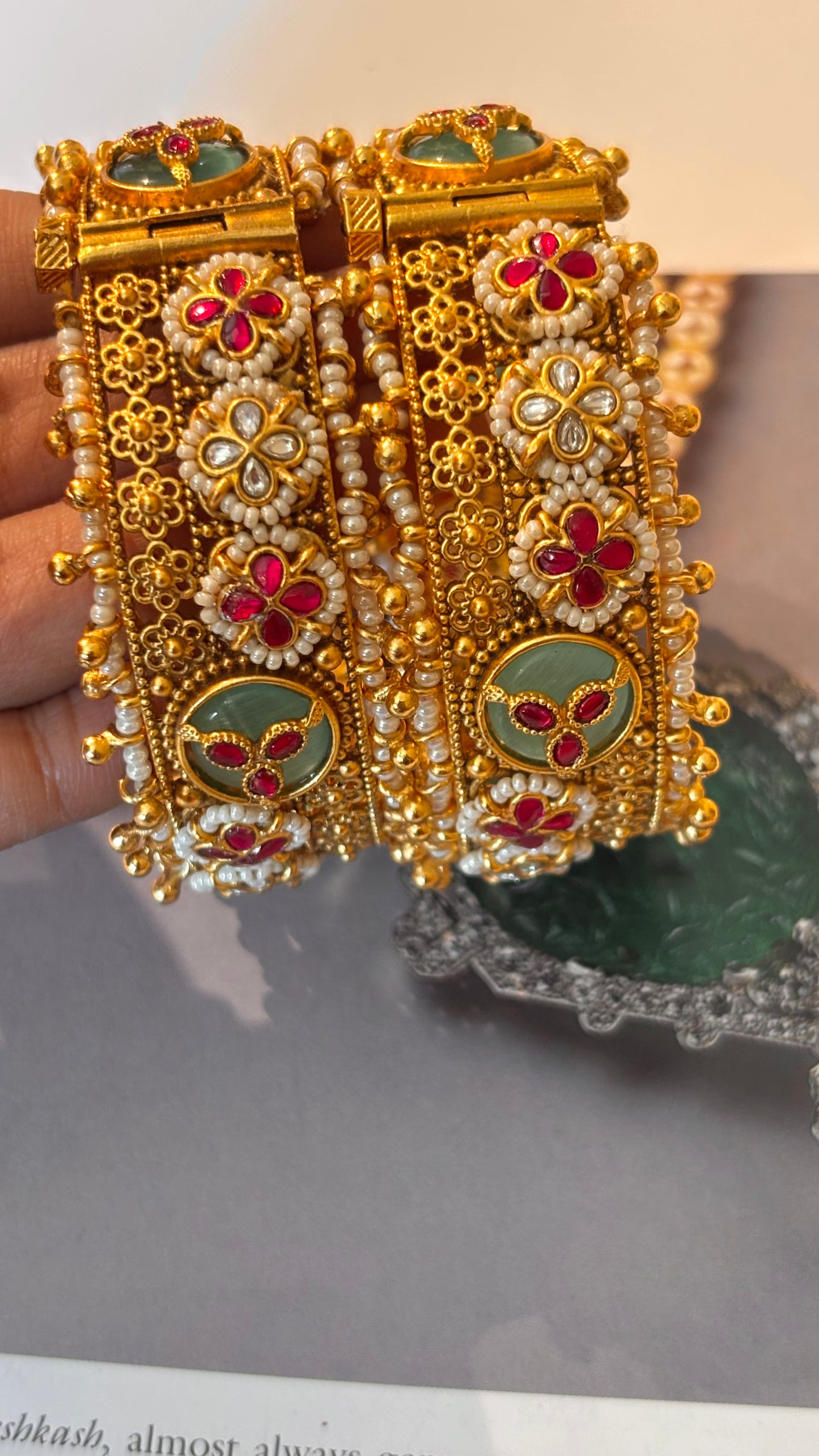 Rajwada inlay work mint & rani pink bangles