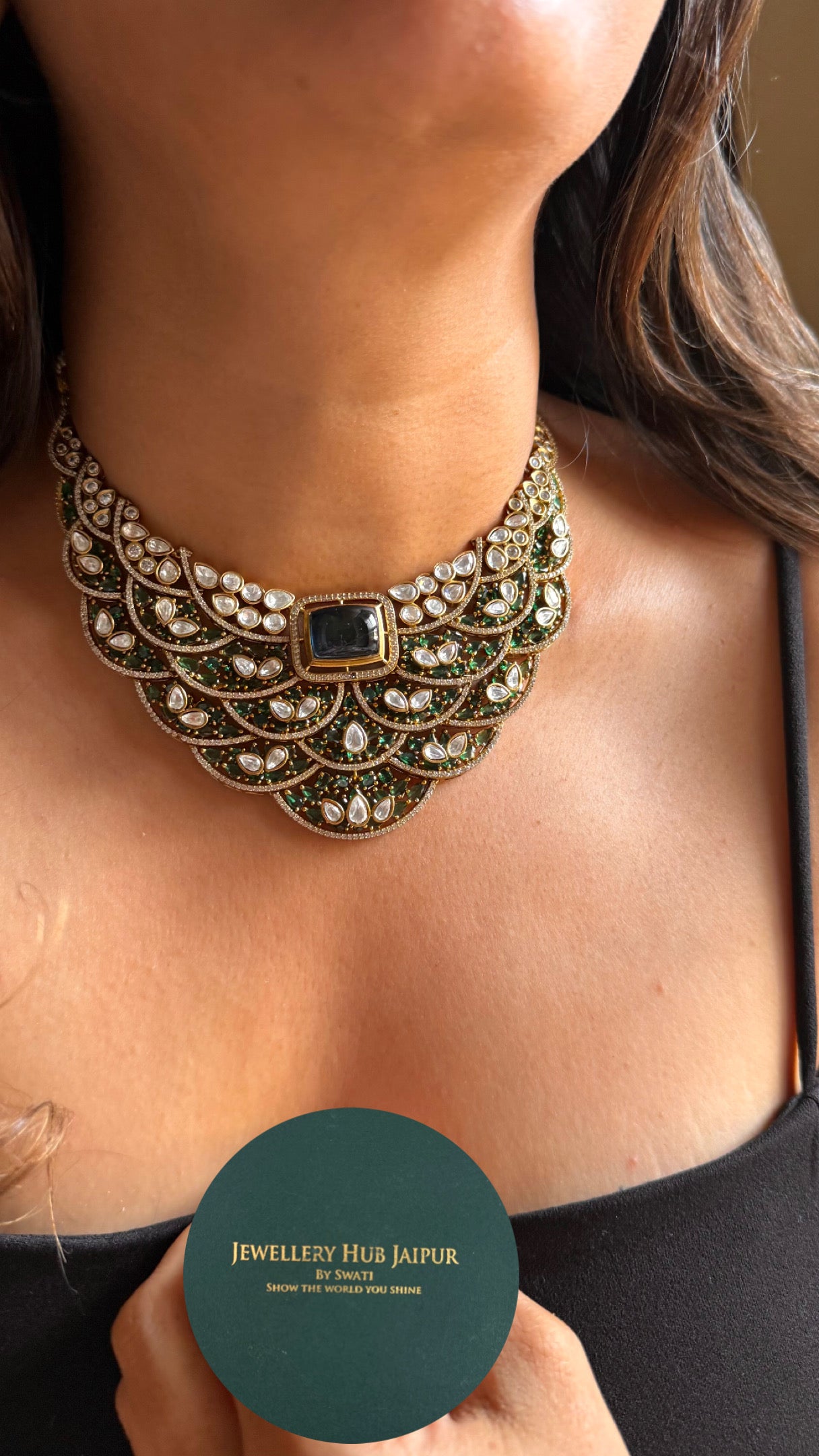 Sapphire doublet with emerald feathered designer Necklace