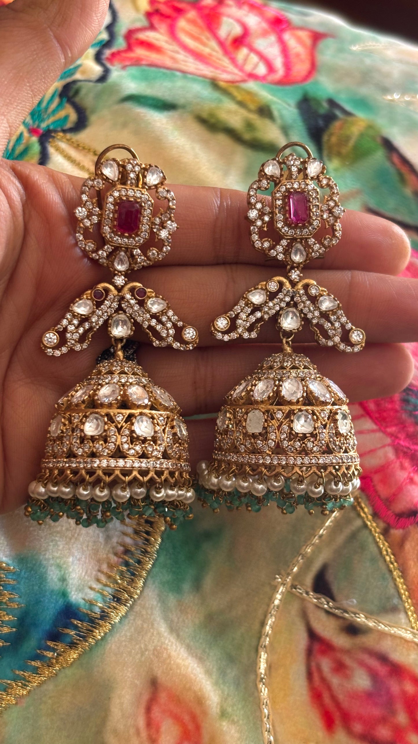 Ruby heritage polki Jhumri with mint drops