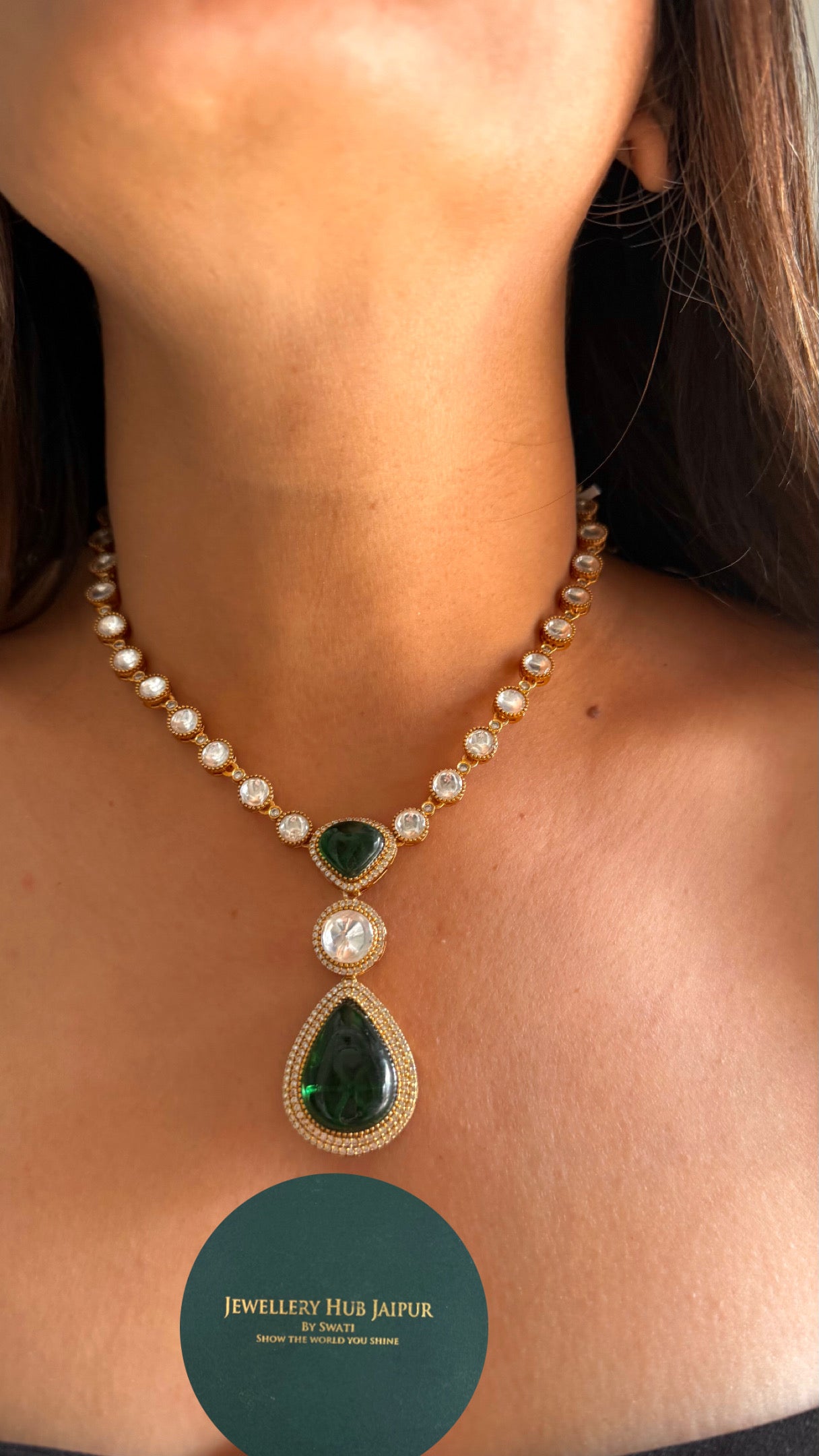 Emerald pendant polki string necklace