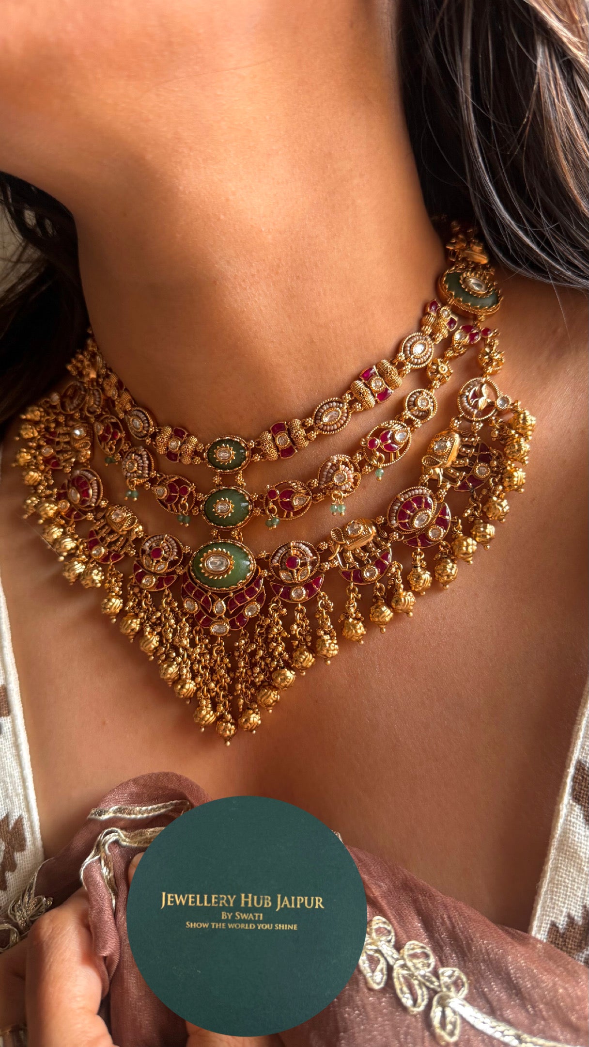 Rani pink ruby & emerald gungroo drops rajwada necklace