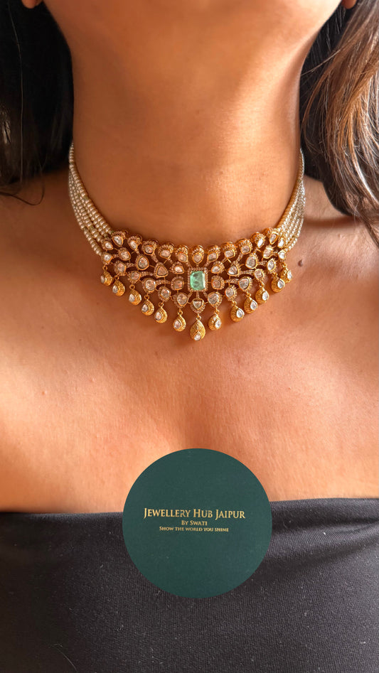 Mint doublet with moissanite polki gold polish Necklace
