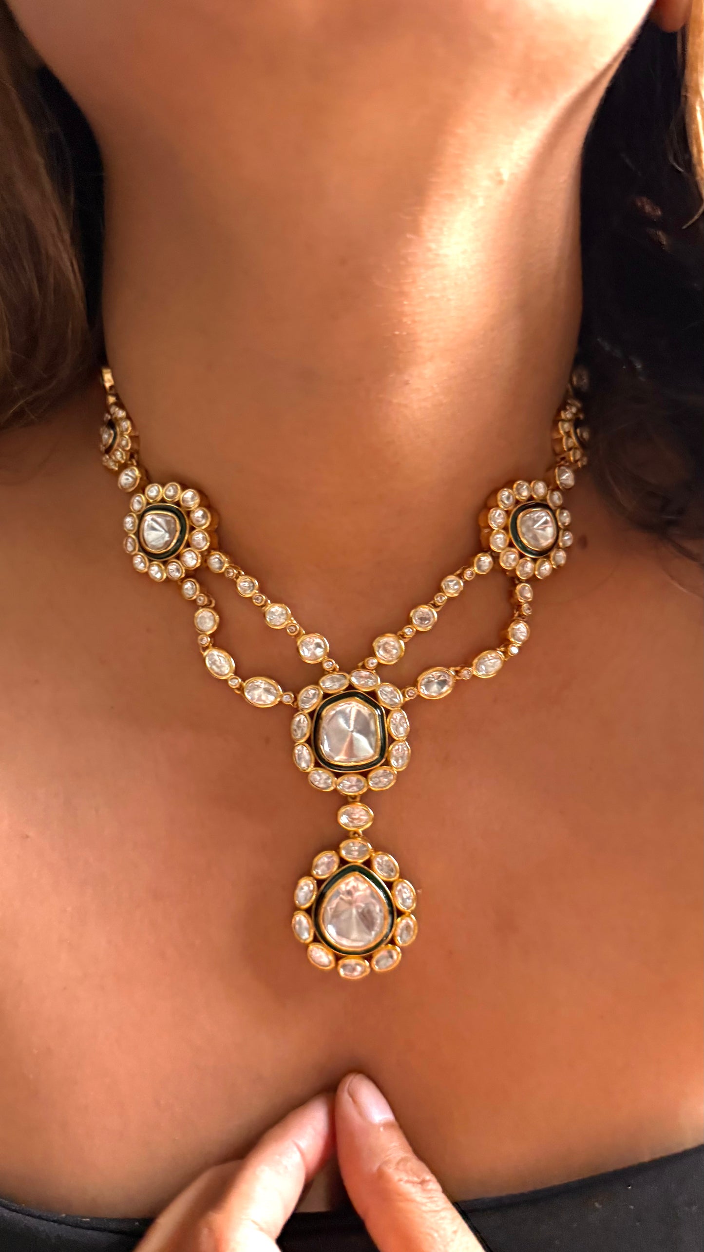 Emerald uncut polki meenakari designer dual line neckalce