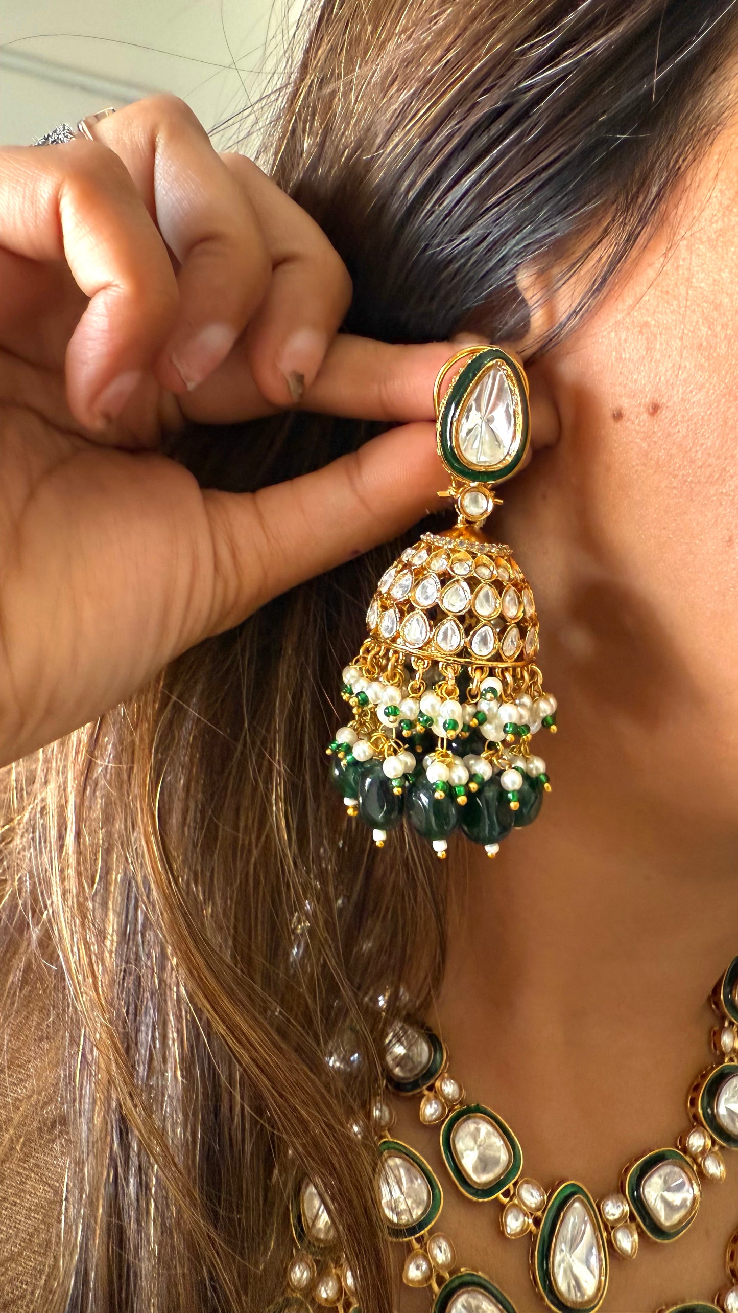 Ankita emerald meenakari polki three layer necklace