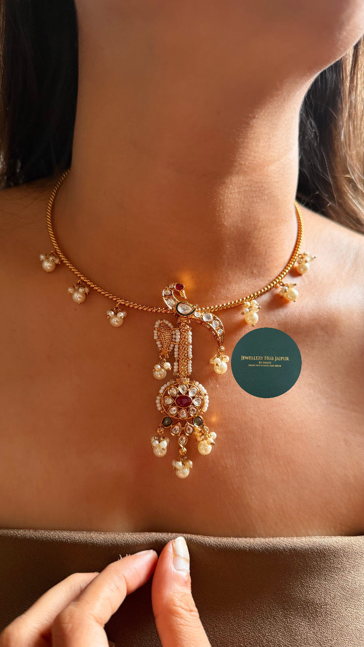 Ruby moissanite floral peacock design hasli with pearl drops