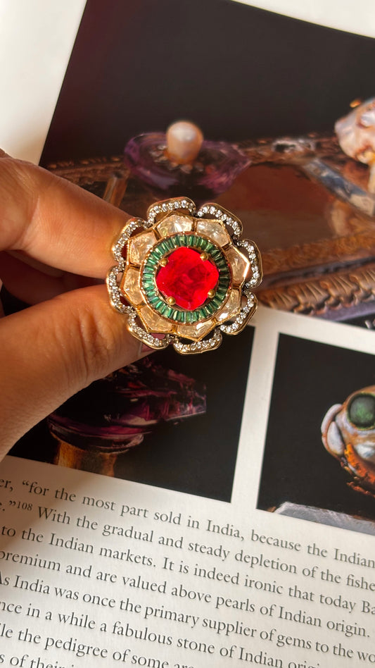 Floral peeli polki ruby & emerald ring