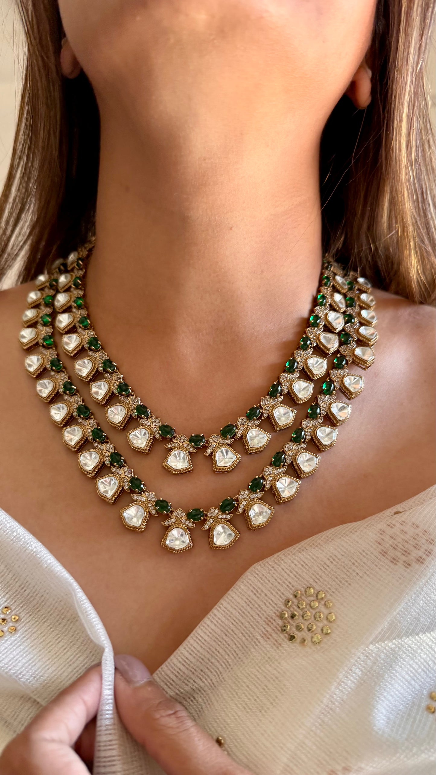 Emerald dual layered moissanite necklace