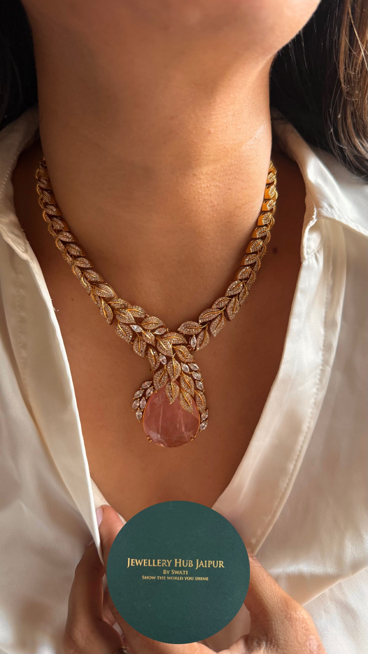 Leaf inspired rose quartz doublet designer Necklace