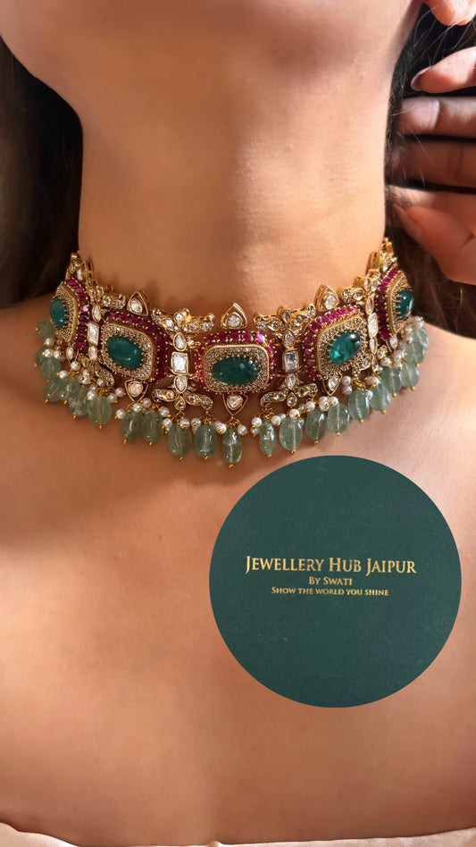 Bridal Asia Ruby mint and panna choker necklace set