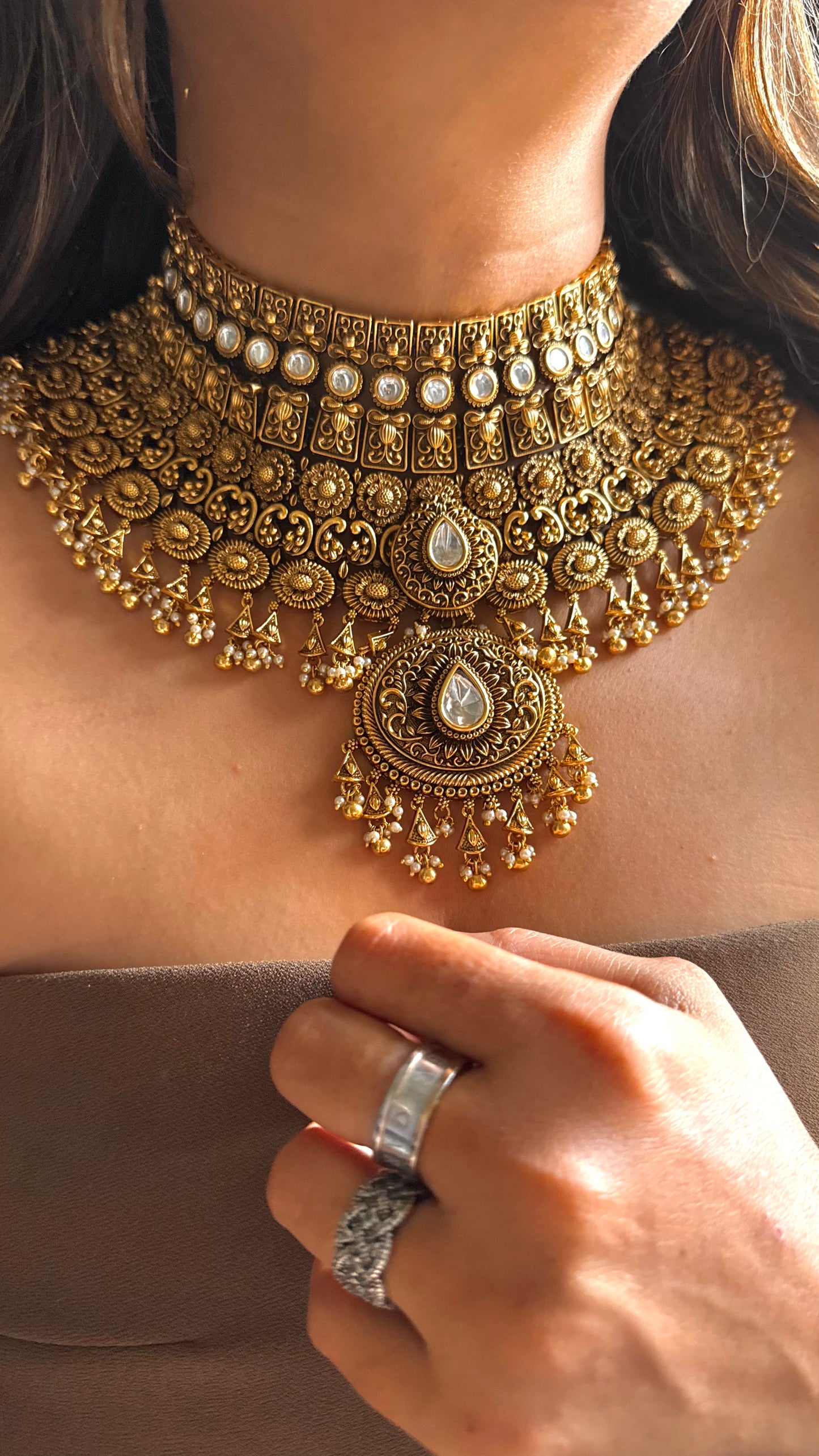 Oxidised heritage royal rajwada uncut polki necklace