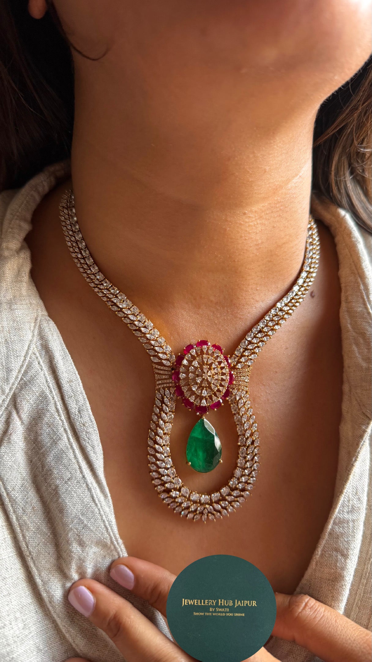 Emerald & Rani pink doublets with cz diamond Necklace