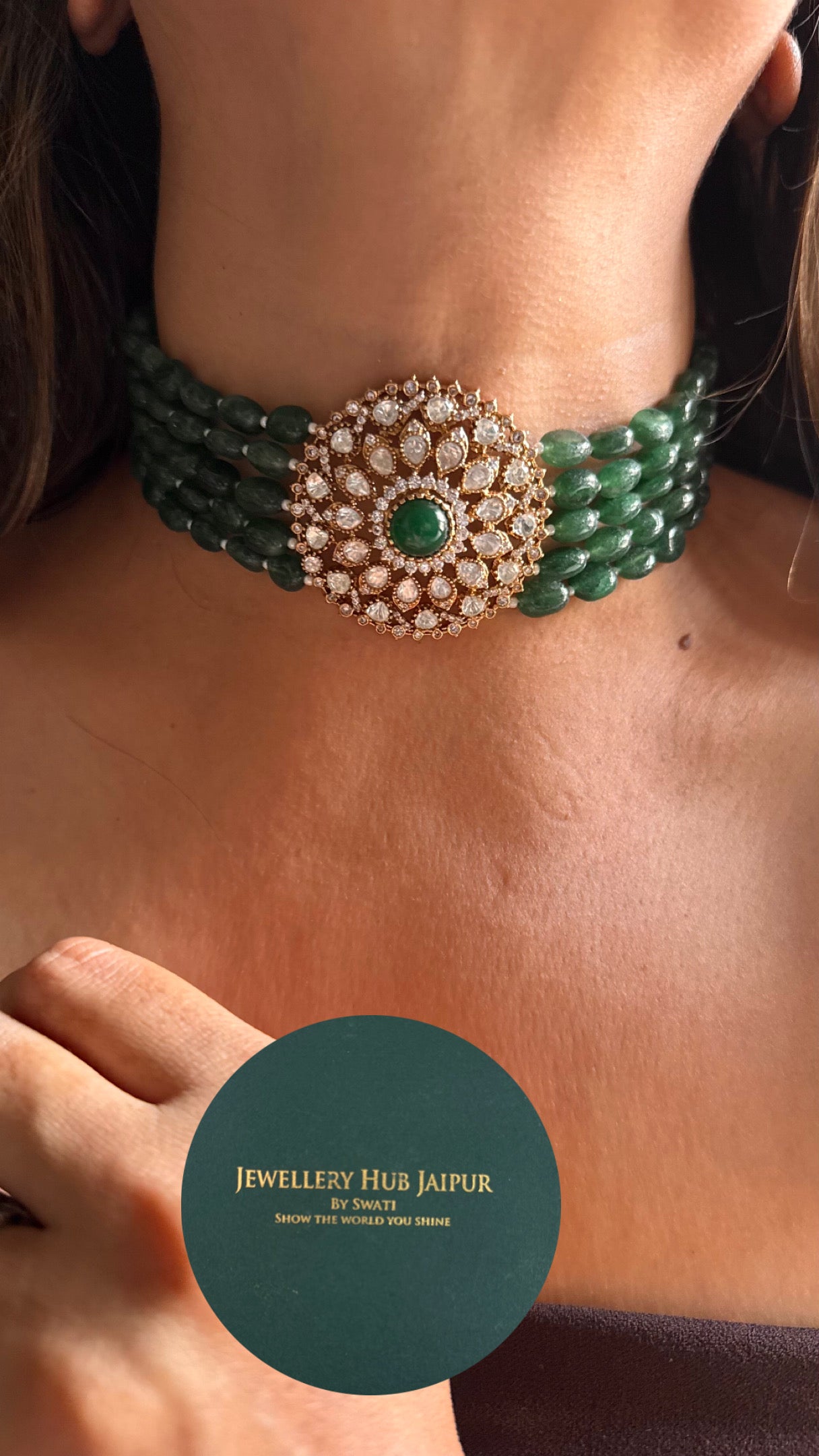 Emerald pearl detailing with Moissanite polki choker Necklace
