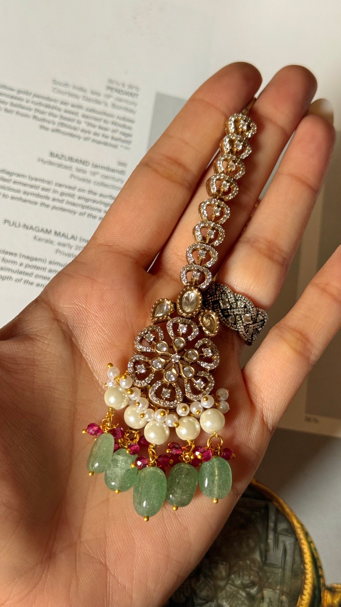 Floral moissanite with pearl & mint drop maangtika