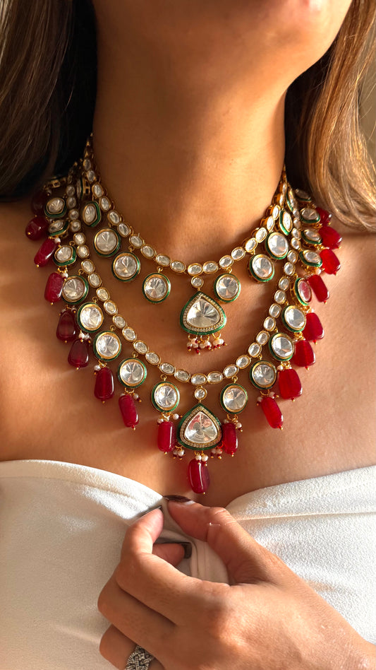Emerald meenakari polki with ruby drops