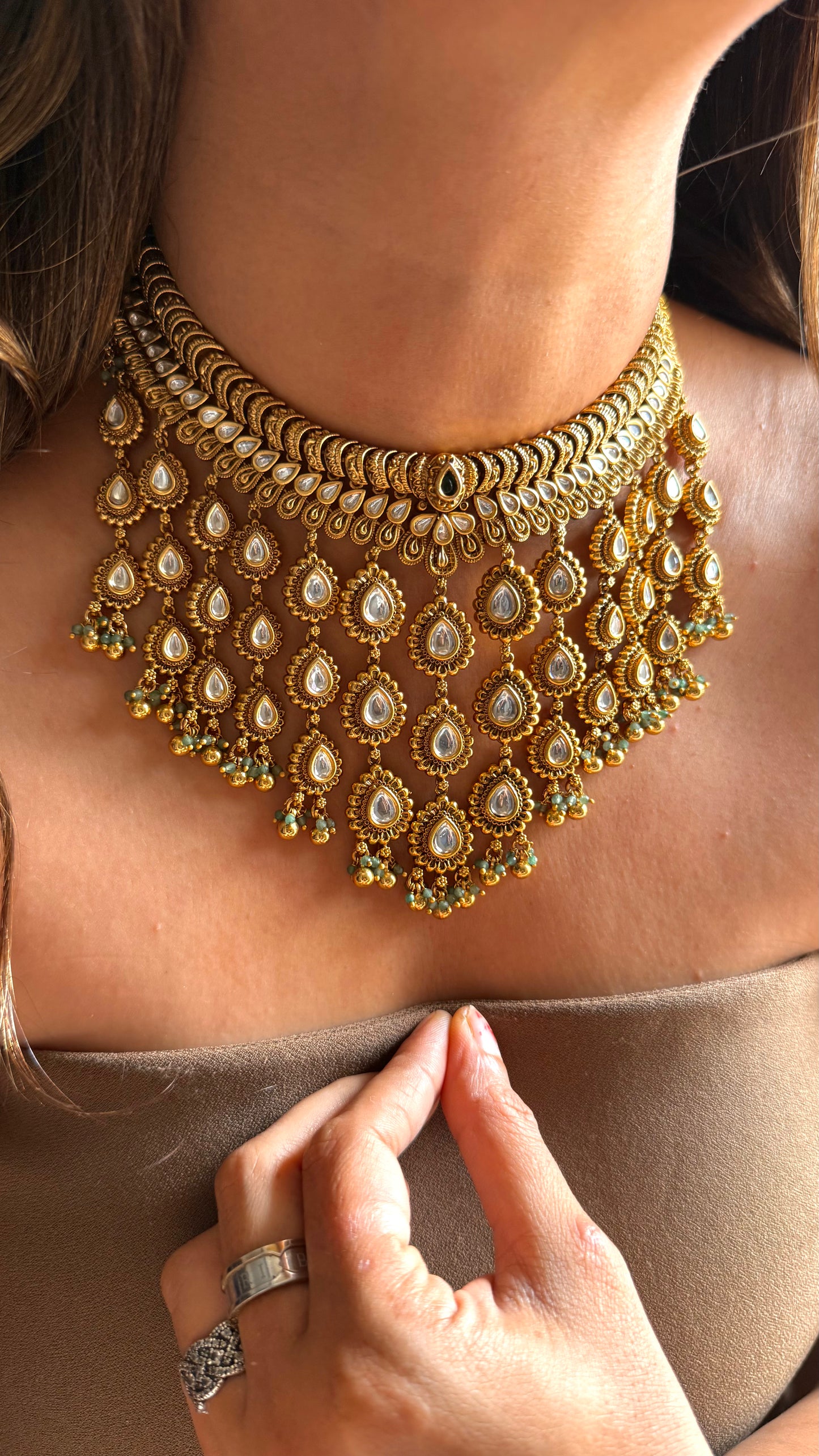 Peacock inspired polki waterfall necklace