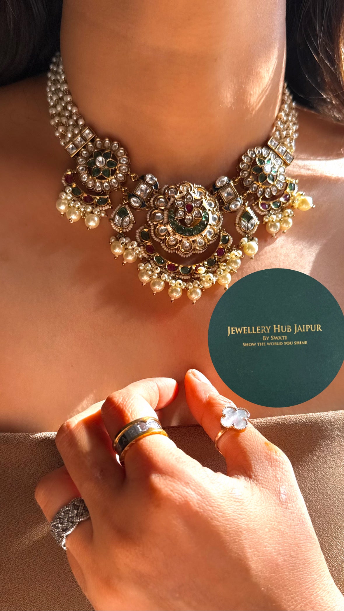 Emerald ruby paachi pearl detailing choker