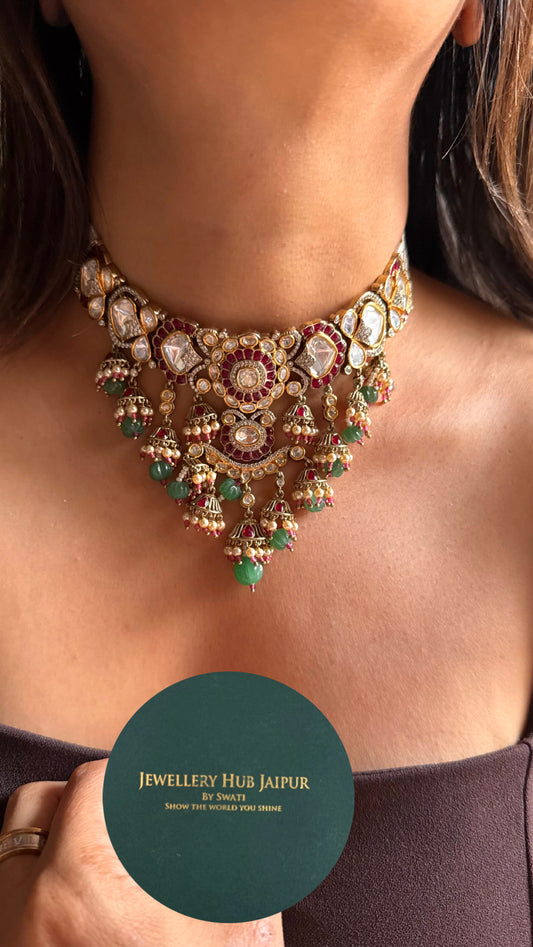 Ruby vintage with mint jhumki detailing choker necklace