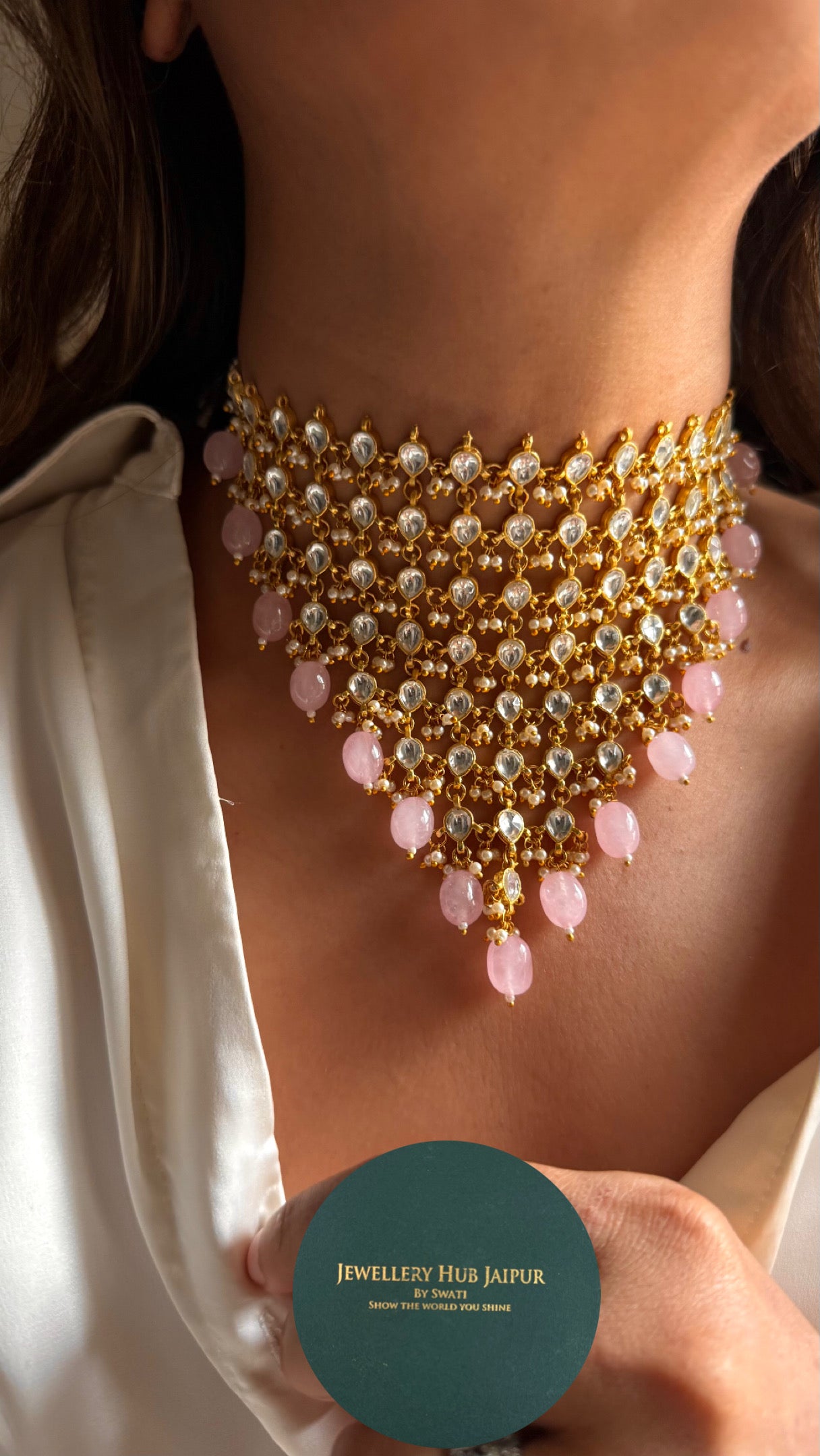 8 layered paachi Kundan rose quartz strawberry Necklace