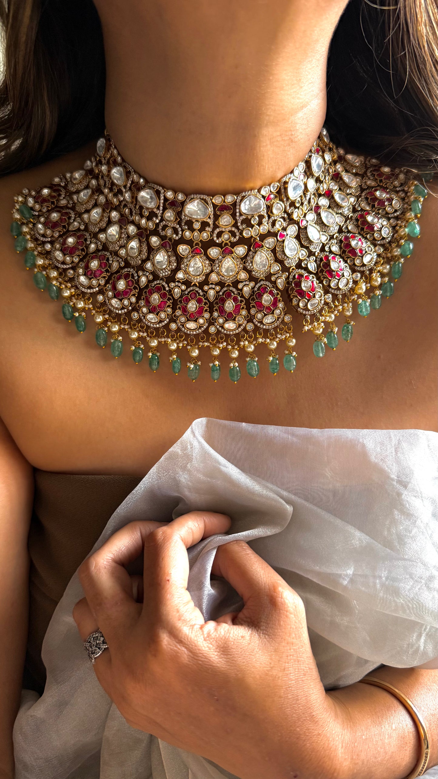 Rani pink takkar & mint drop choker with uncut polki detailing