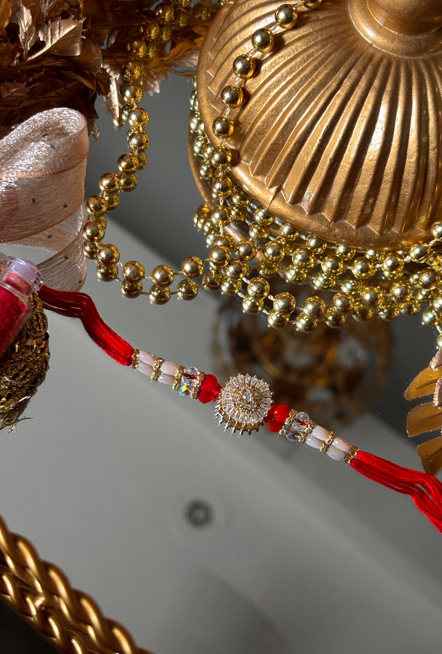 Cz Diamond polki laal dhaga designer rakhi ( shipping will be extra )