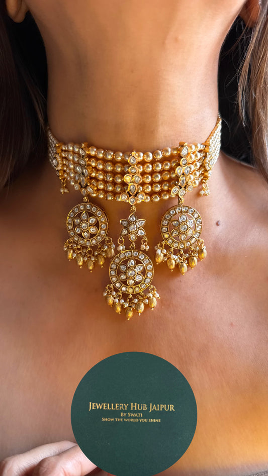 White Moissanite with gold drops rajwada choker Necklace