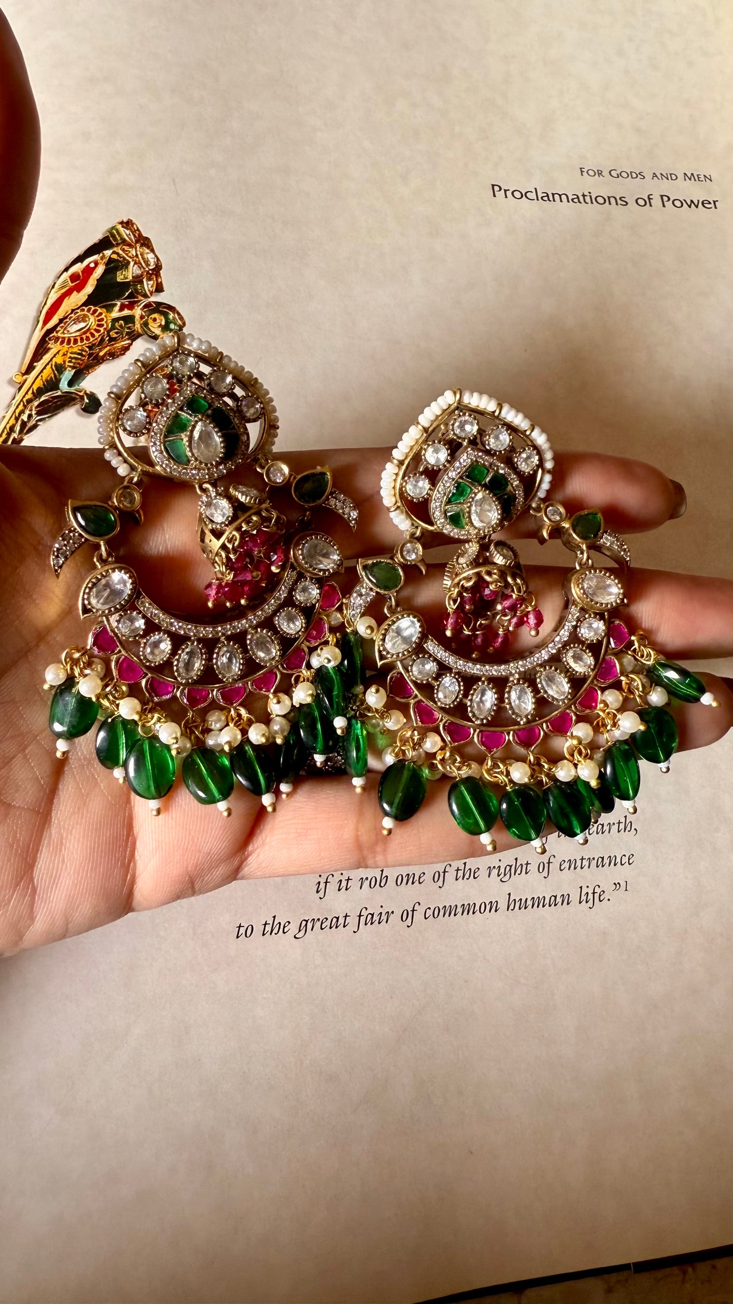 Rani pink & emerald moissanite polki chandbali