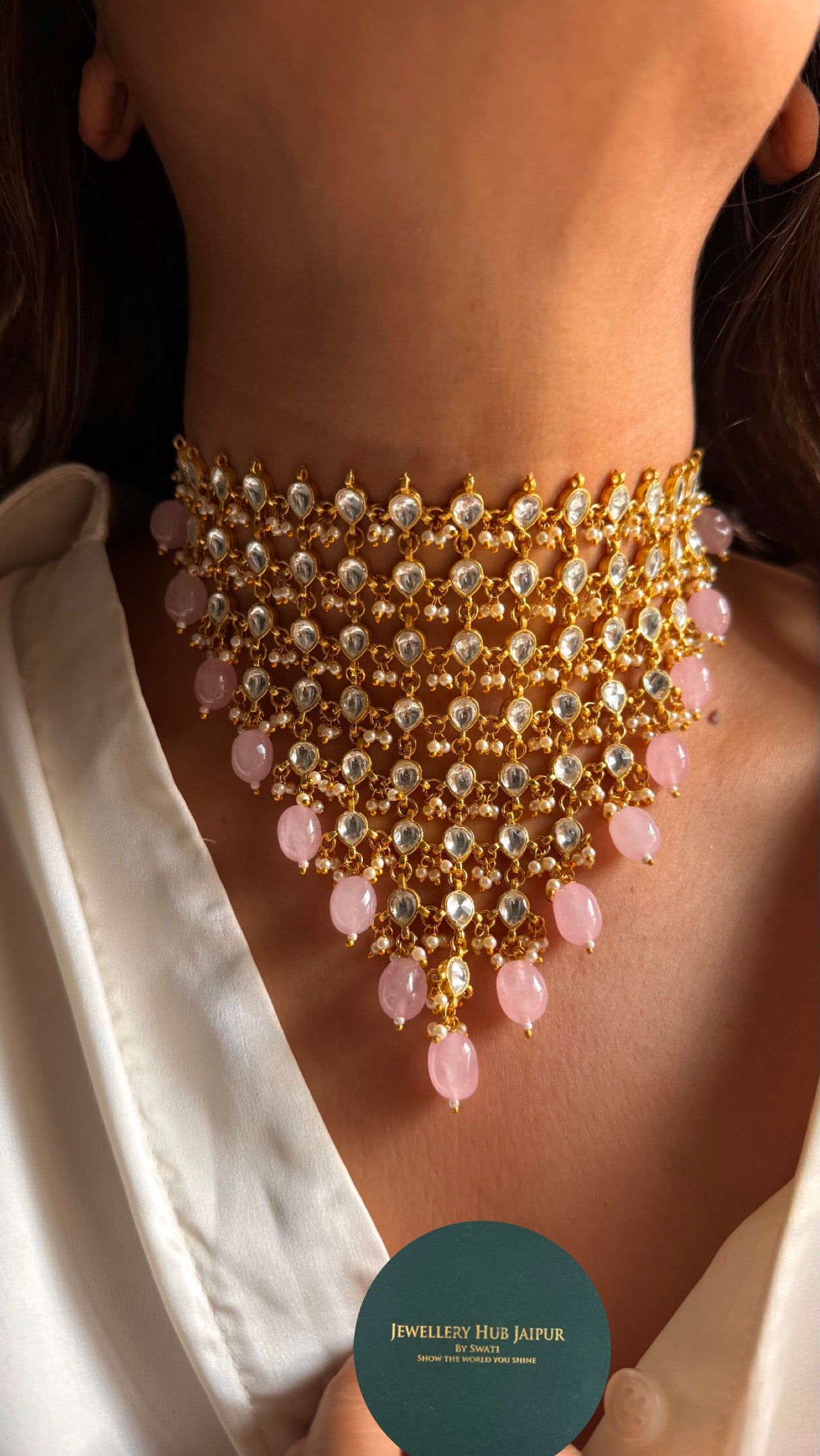 8 layered paachi Kundan rose quartz strawberry Necklace