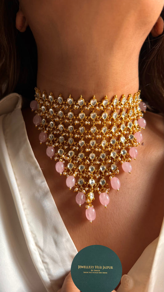 8 layered paachi Kundan rose quartz strawberry Necklace