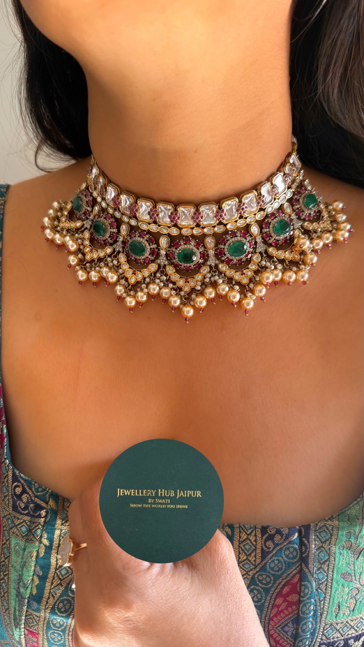 Rani pink & emerald floral designer choker