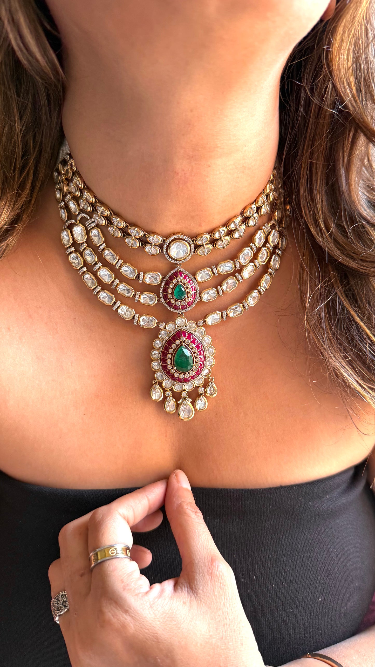 Emerald & Ruby designer layer vintage necklace with polki detailing